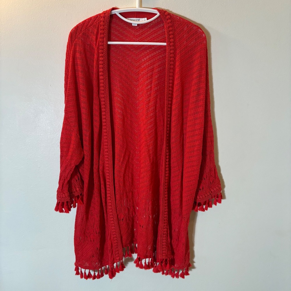 Chicos Red Chevron Pointelle Open Front Tassel Cardigan Sweater‎ Size XXL